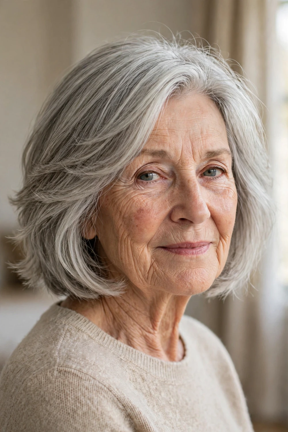 Feathered layered bob with airy volume on a woman over 60 with fine silver-gray hair