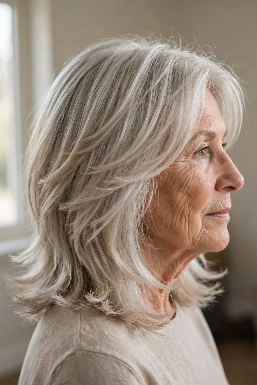 Woman over 50 with feathered layered hair