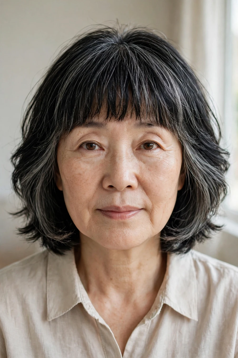 Woman over 50 with a feathered lob and full bangs