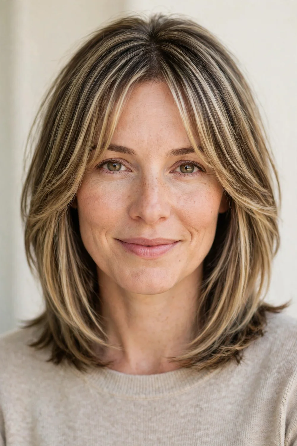 Feathered long bob with soft curtain bangs