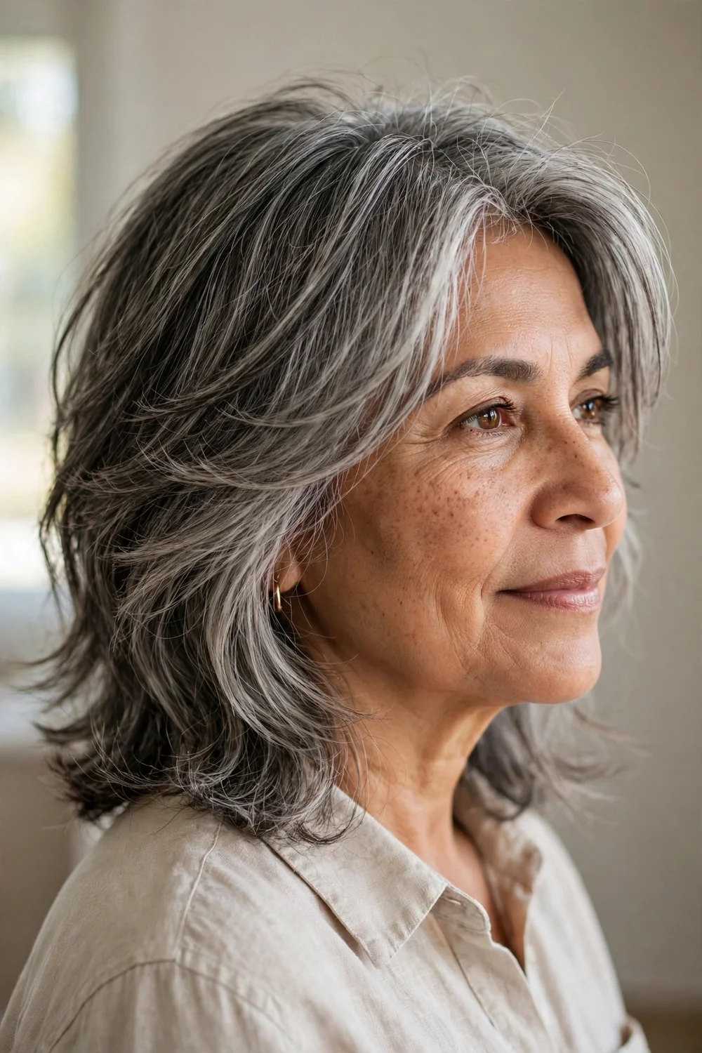 59-year-old Latina woman with salt-and-pepper feathered mid-length hair, side view