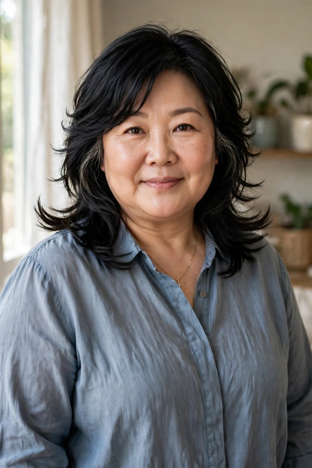 Plus-size East Asian woman in her early 50s with feathered mid-length layers