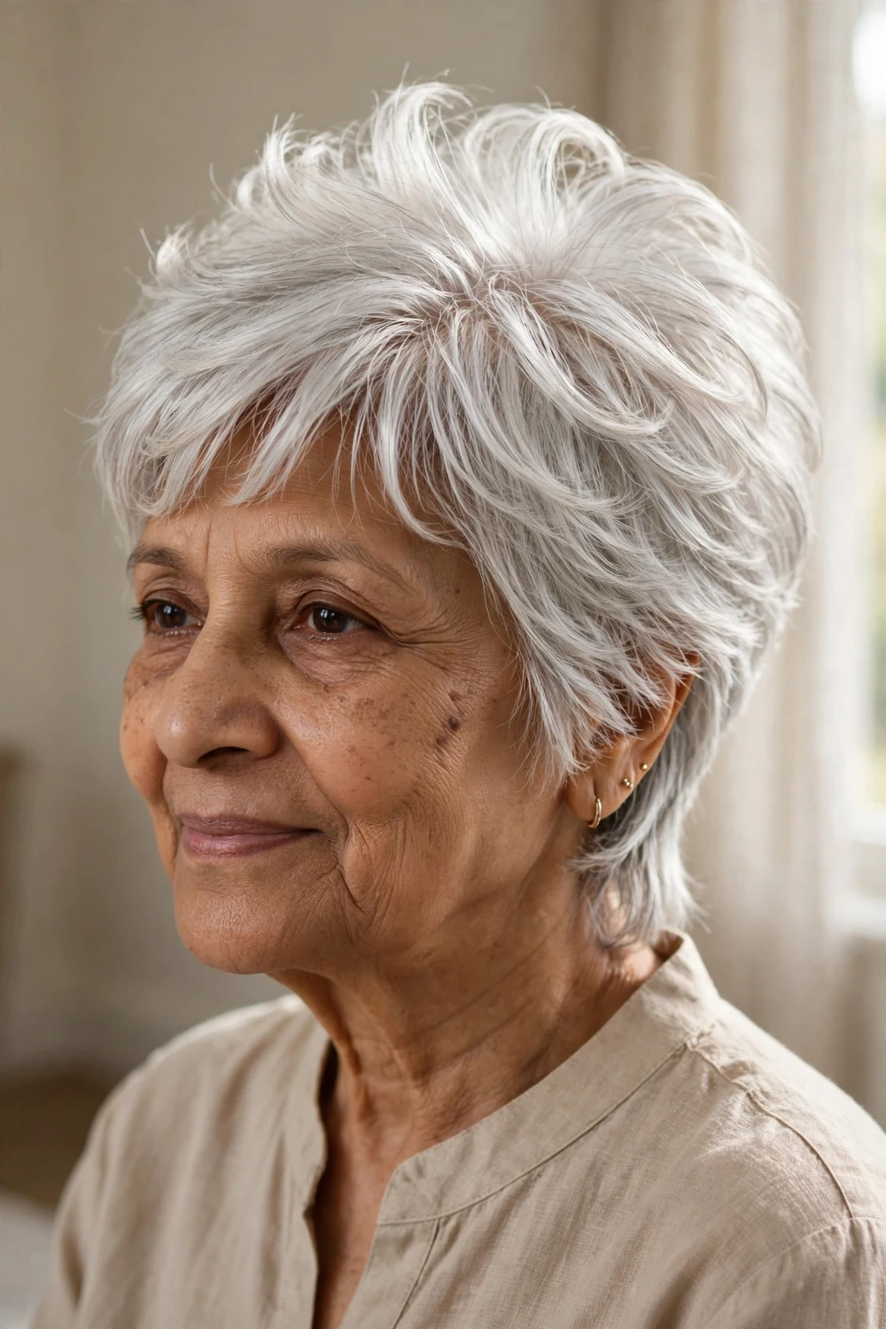 64-year-old woman with gray feathered pixie haircut with longer crown