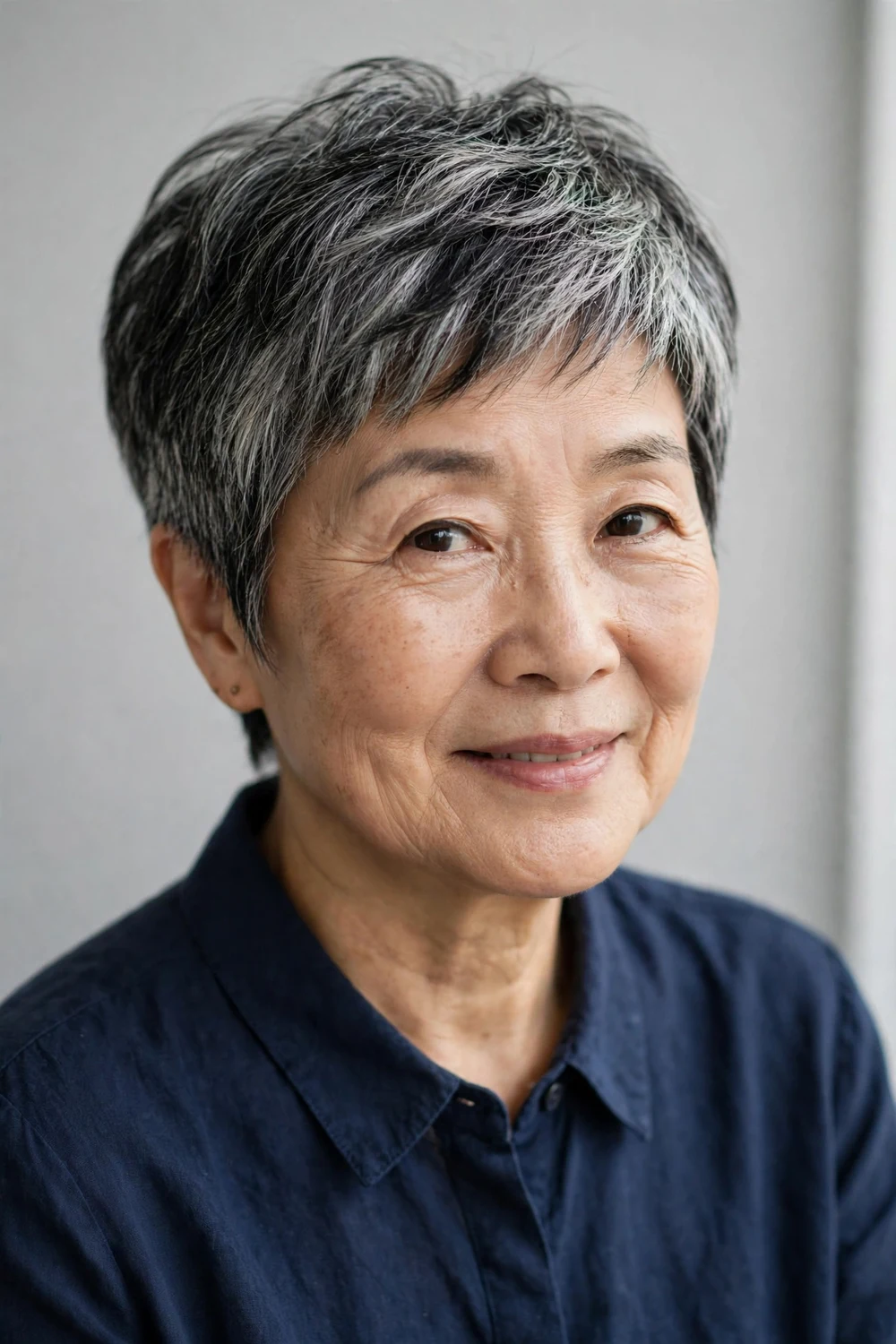 East Asian woman in her early 60s with a short feathered pixie cut in salt-and-pepper tones