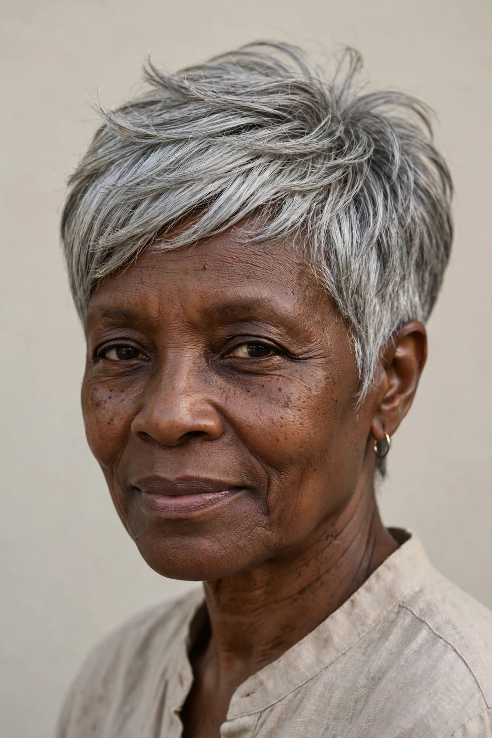 Woman in her 50s with a feathered pixie haircut with long layered crown adding volume to thin hair