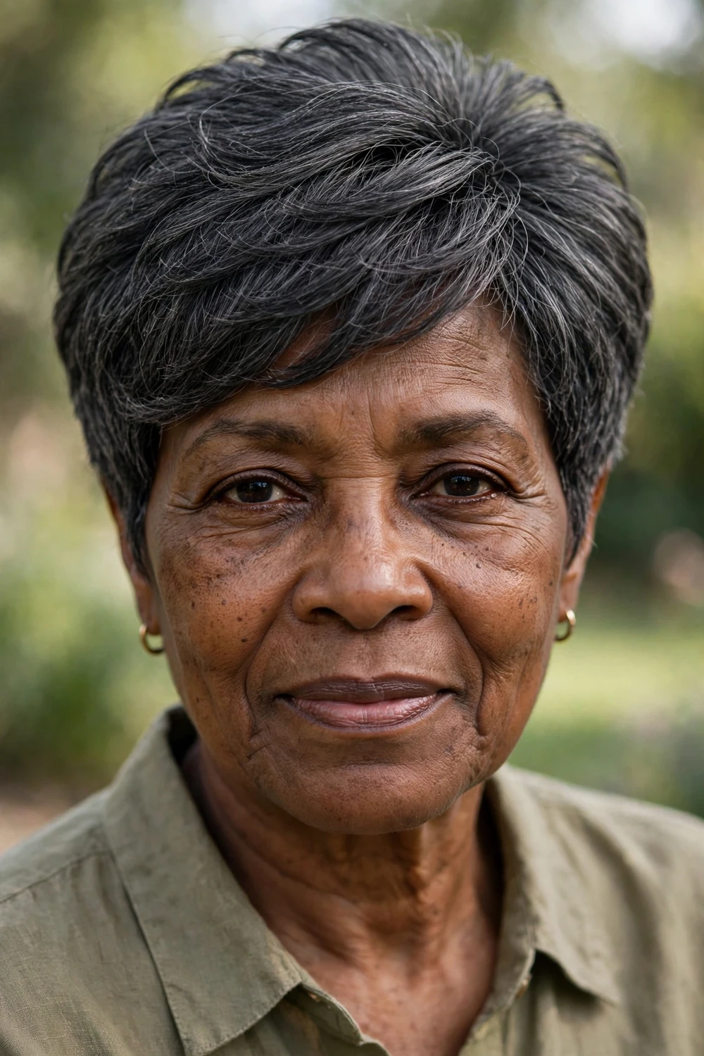 Woman in her late 60s with feathered gray pixie and tapered nape, side view