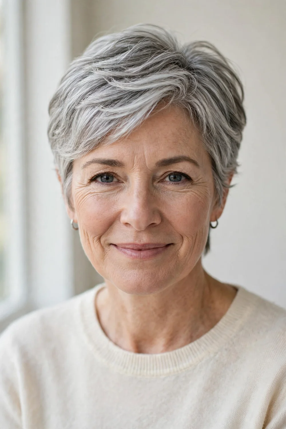 Older woman with a silver feathered pixie