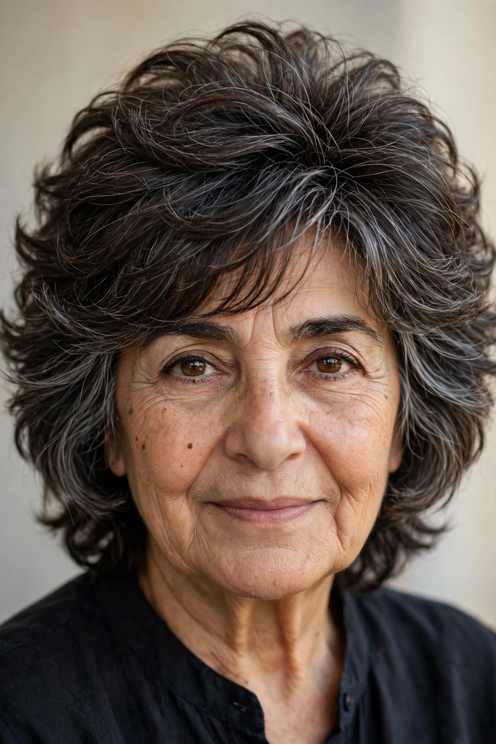 Woman in her late 60s with feathered shag and face-framing layers, three-quarter view