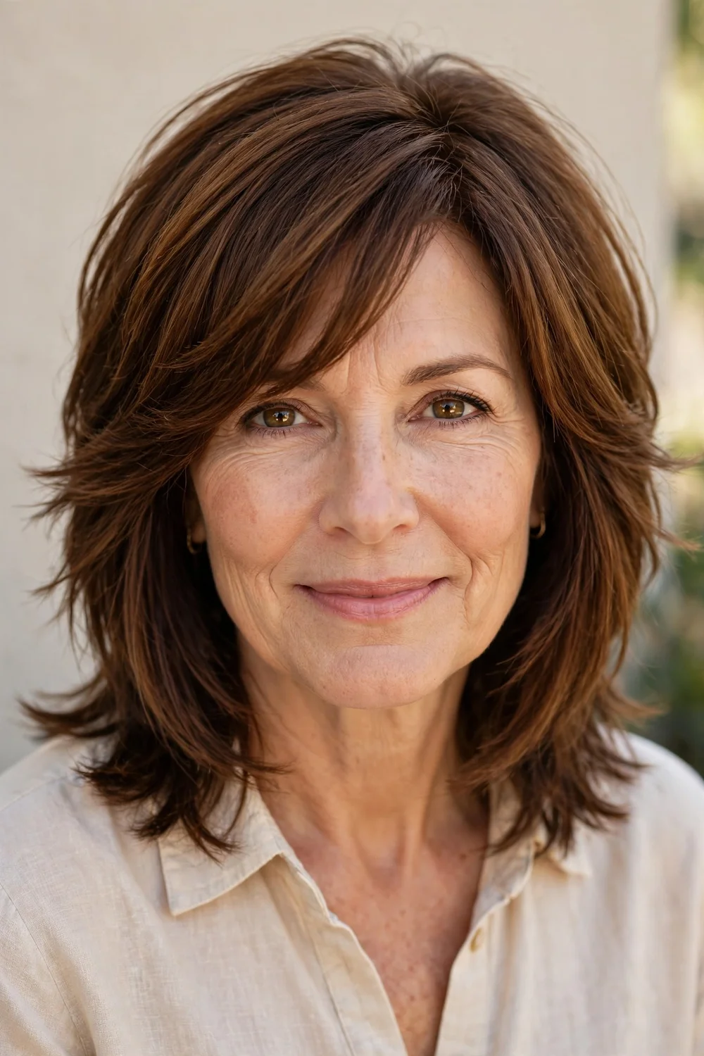 Feathered shag haircut with long side-swept bangs