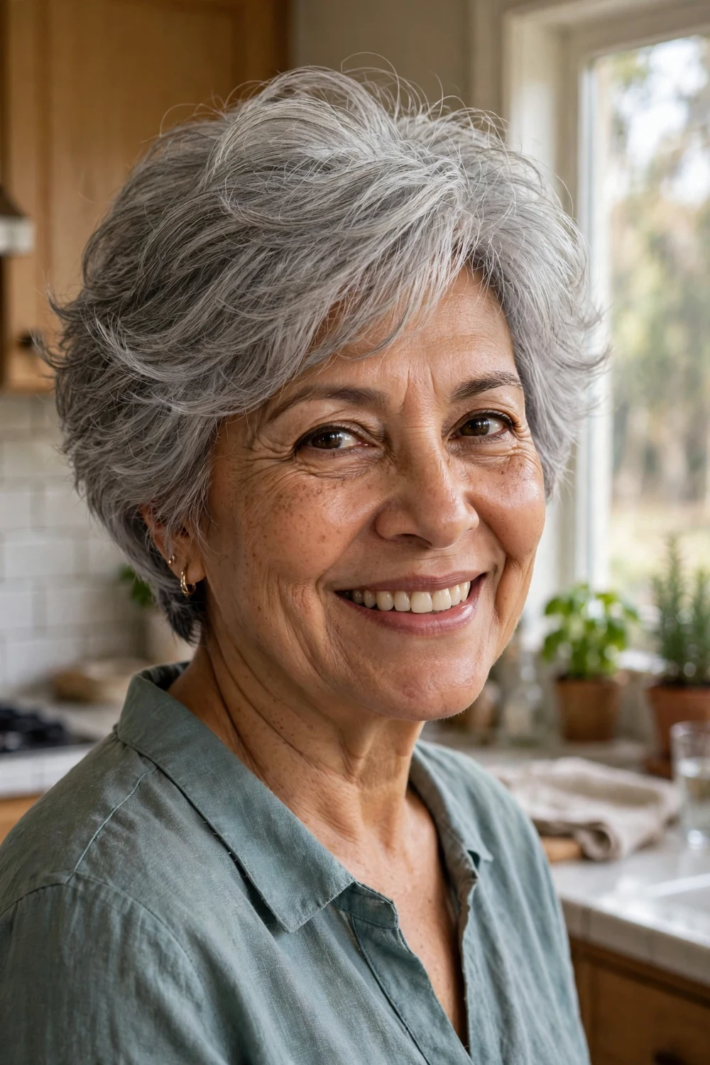 Latina woman in her mid 60s with a feathered short gray bob with light volume by a kitchen window