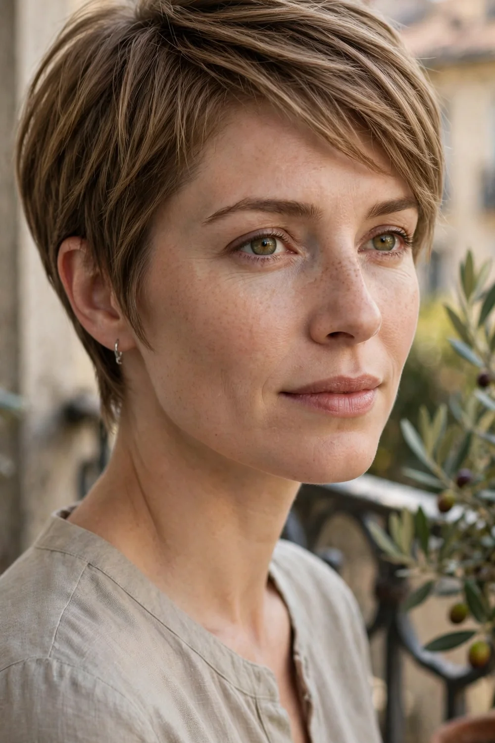 Woman with a feathered short haircut giving lift to thin hair