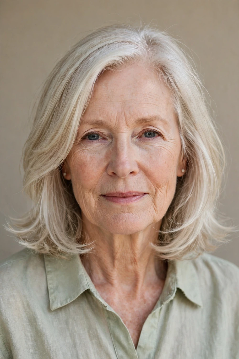 Woman in her 50s with a feathered shoulder-length haircut with soft layers for thin hair