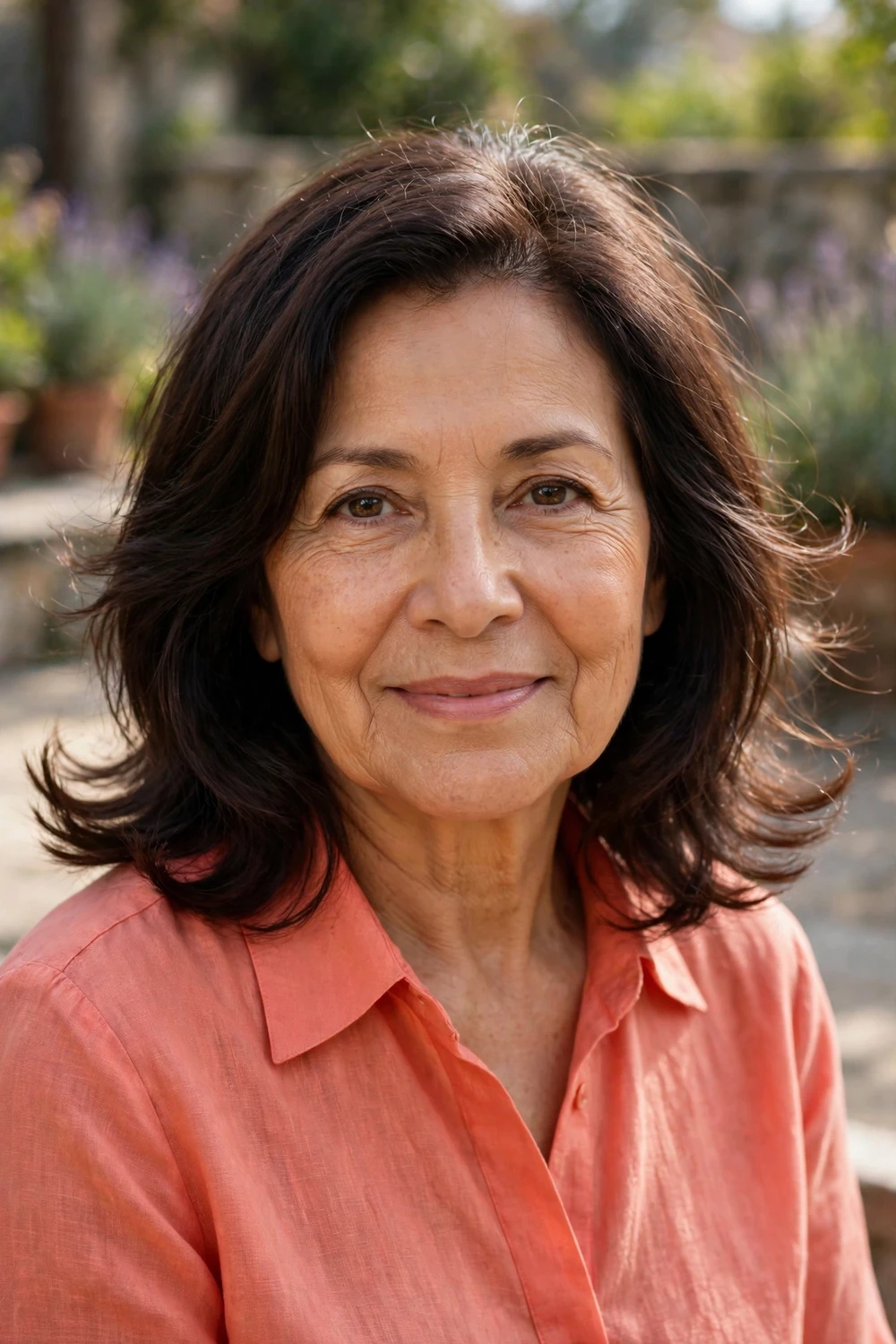 Woman over 50 with a feathered shoulder-length haircut on thin hair
