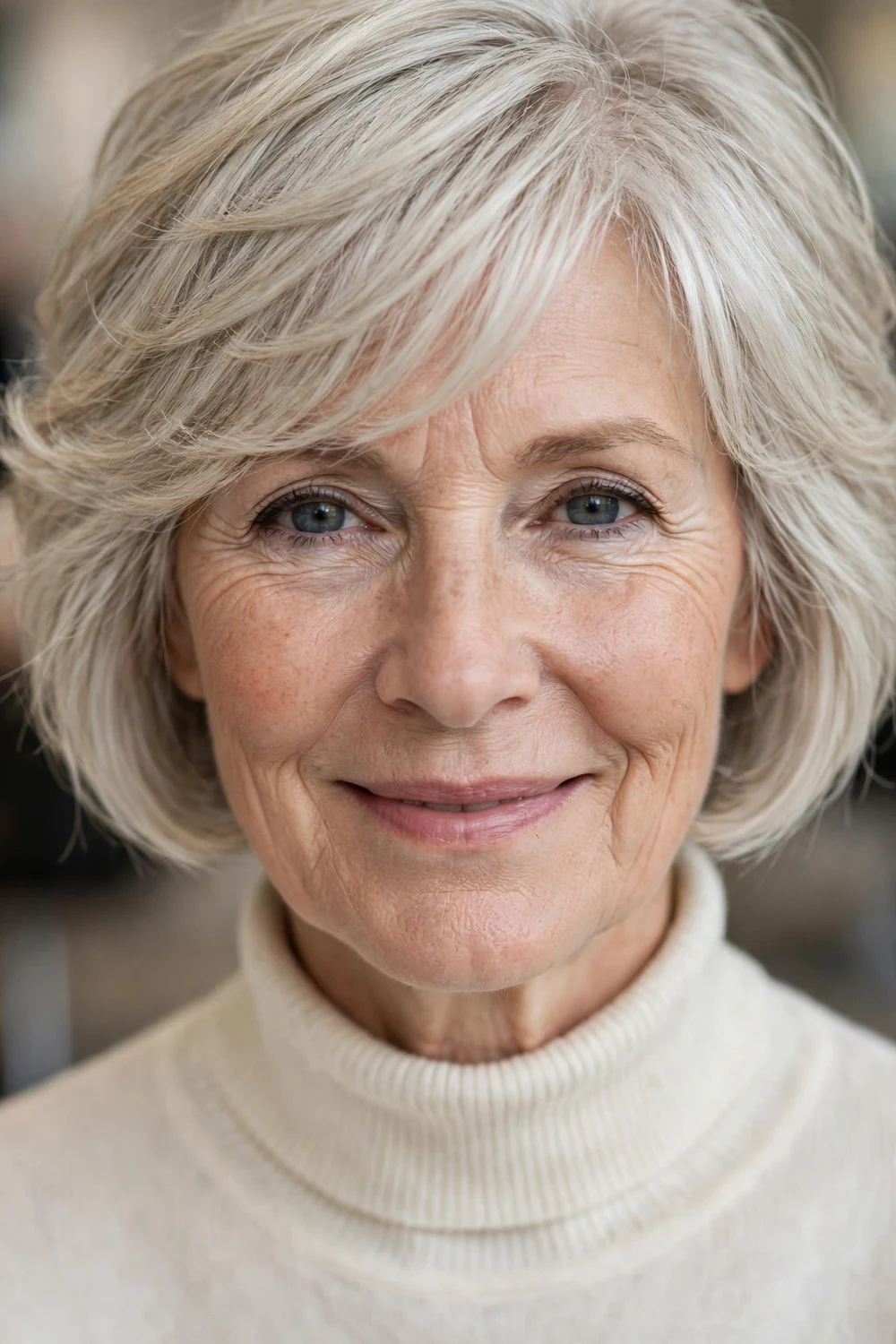 Feathered silver bob with side-swept bangs