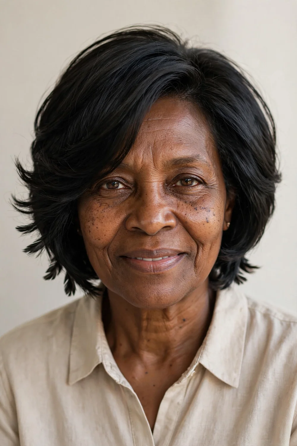 Feathered stacked bob haircut with soft textured layers