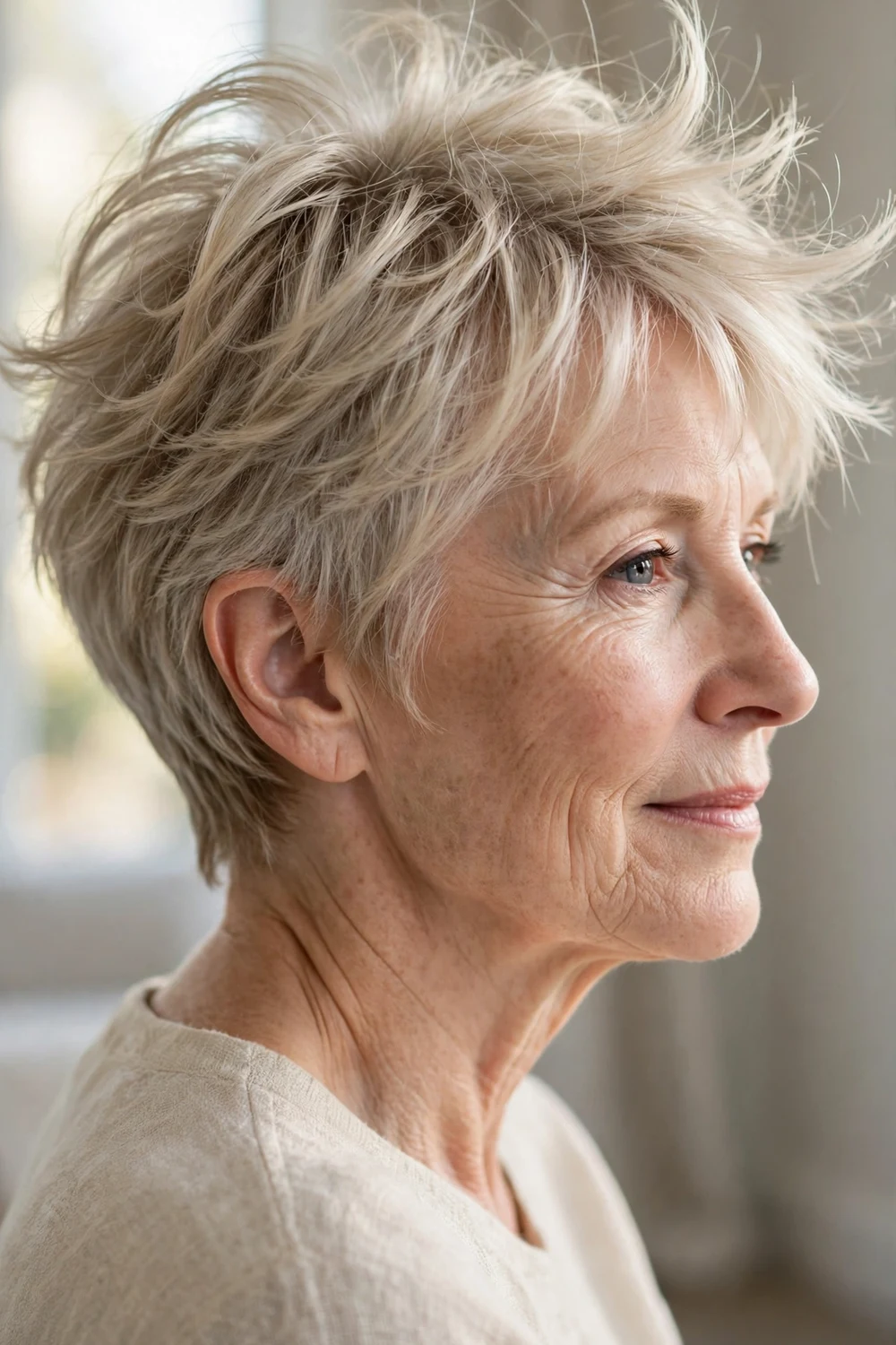 Side view of a feathered volume pixie on a woman over 50 with thin ash blonde hair