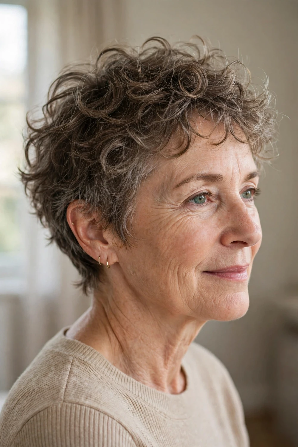 Woman in her 50s with a feathered wispy curly pixie, airy light layers