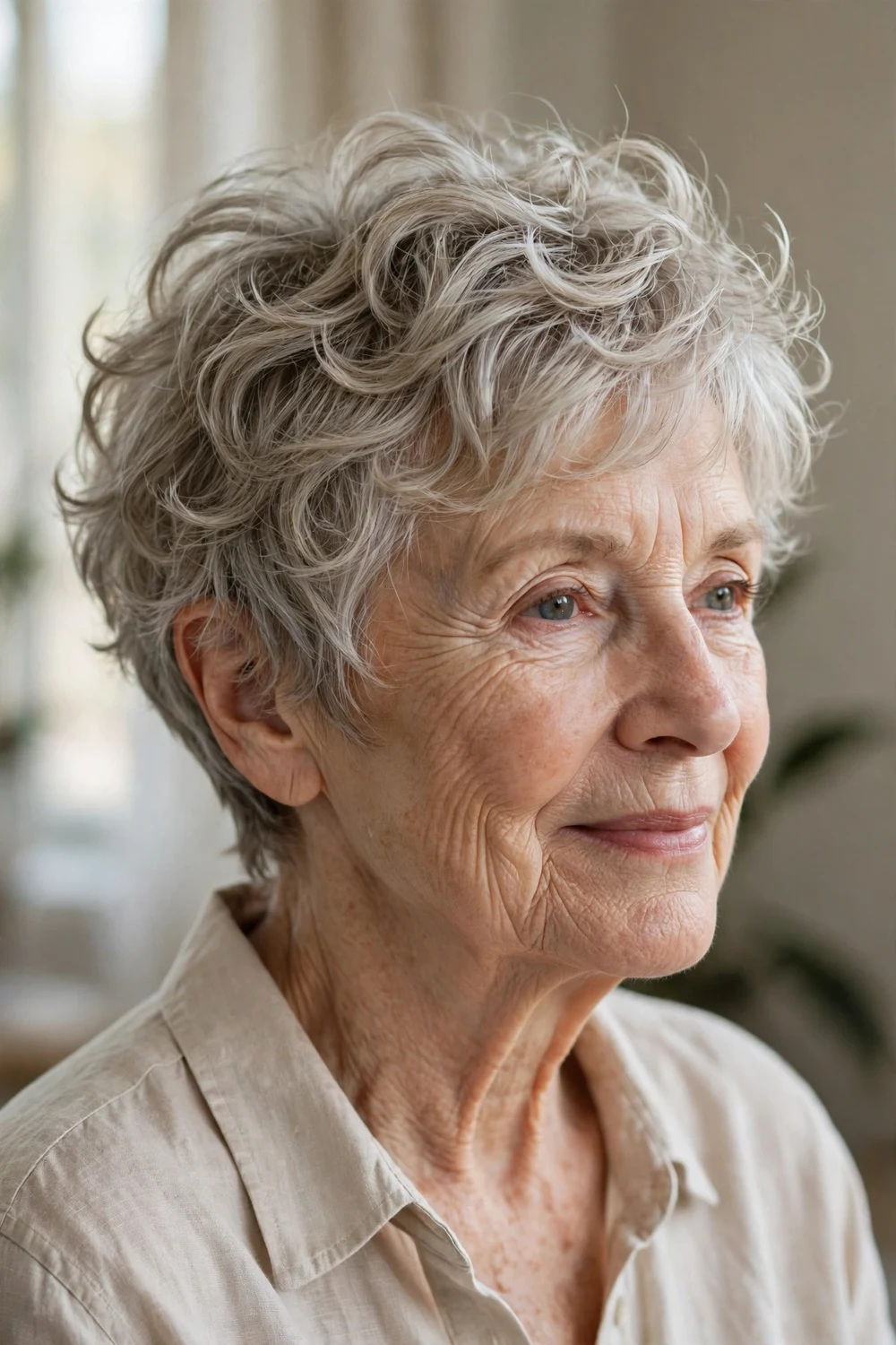 Mature woman with a feathered wispy curly pixie, airy light layers