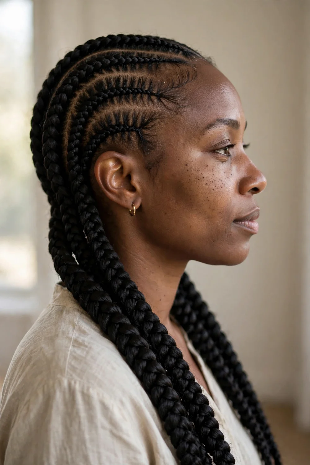 Long feed-in cornrows with gradual thickness