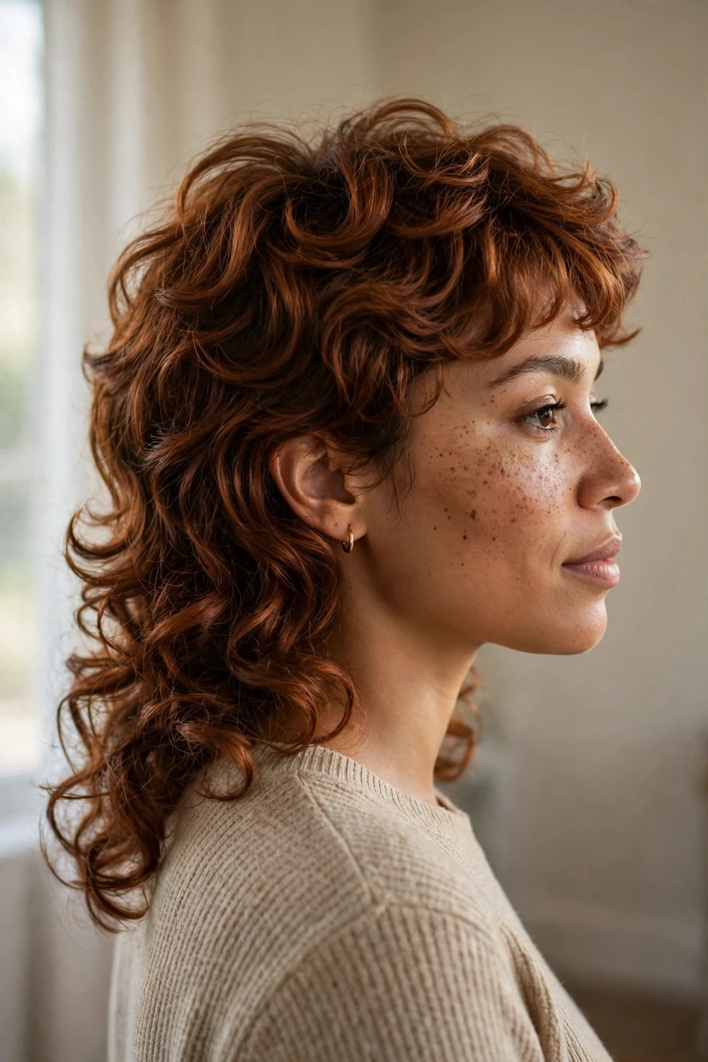 Woman with copper curly hair in a feminine curly mullet with short top layers and longer back curls