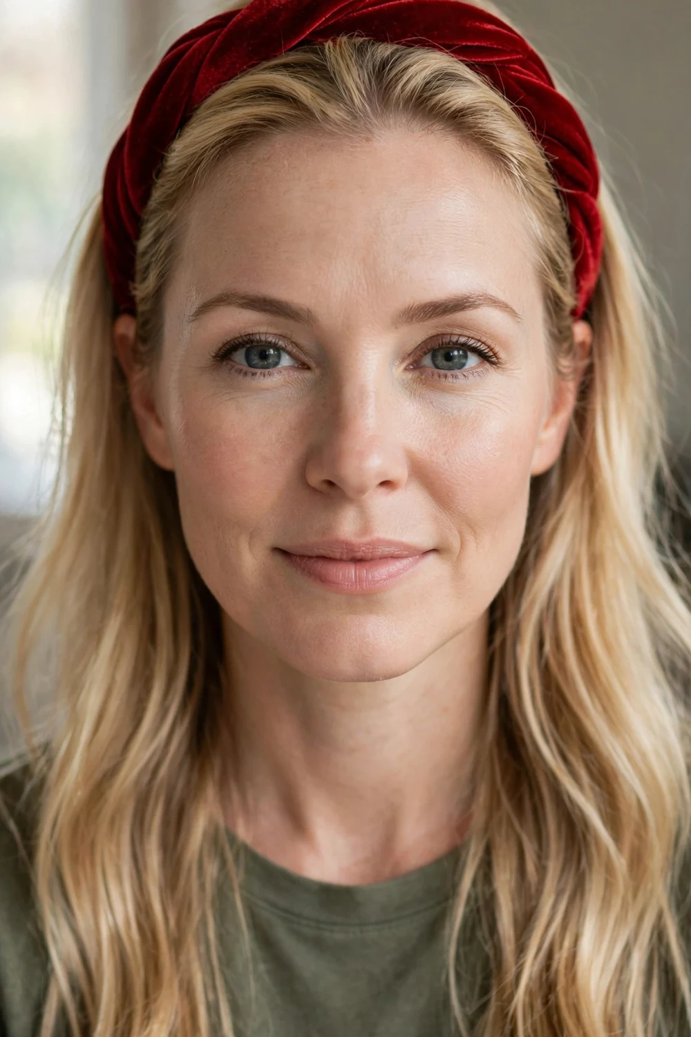 Woman with twisted velvet headband for Christmas long hair