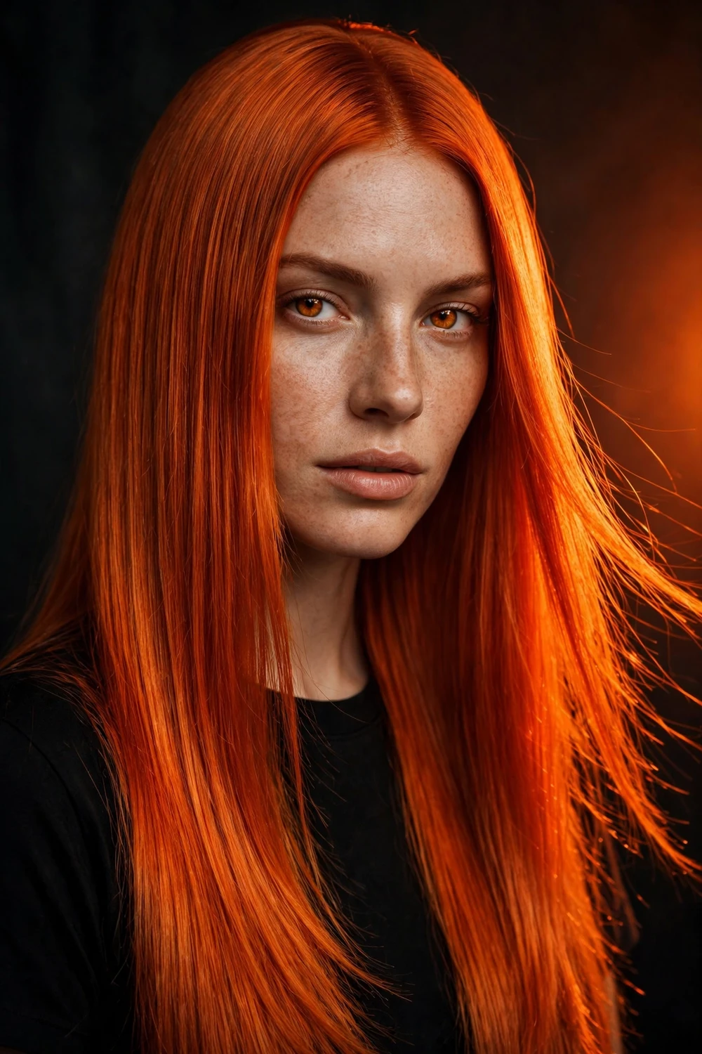 Woman with fiery orange copper hair, bold bright orange tones