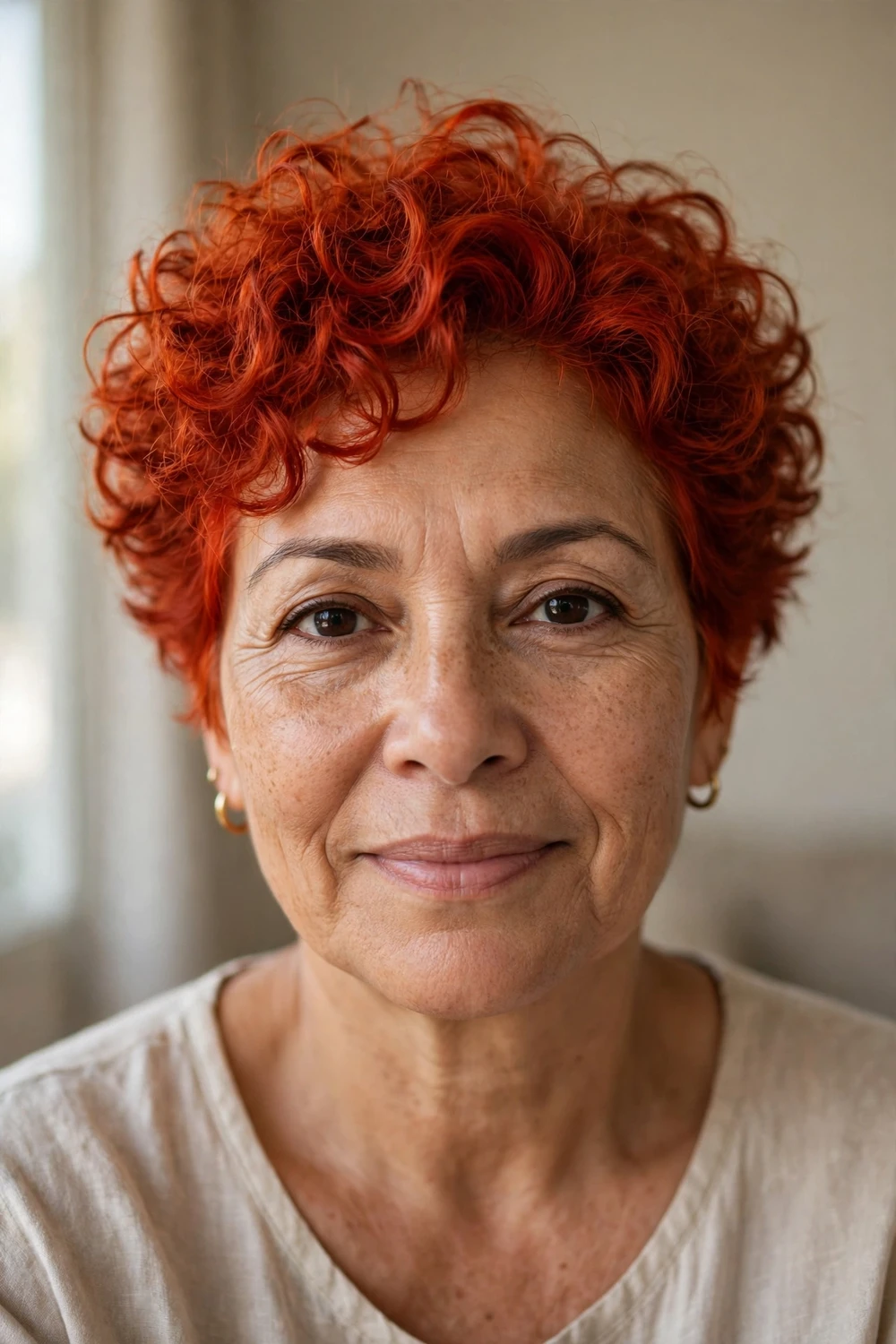 Woman in her 50s with a fiery red curly pixie, bold red curls full of volume