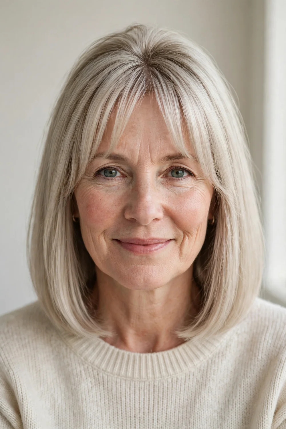 Long bob with curtain bangs on fine hair with volume