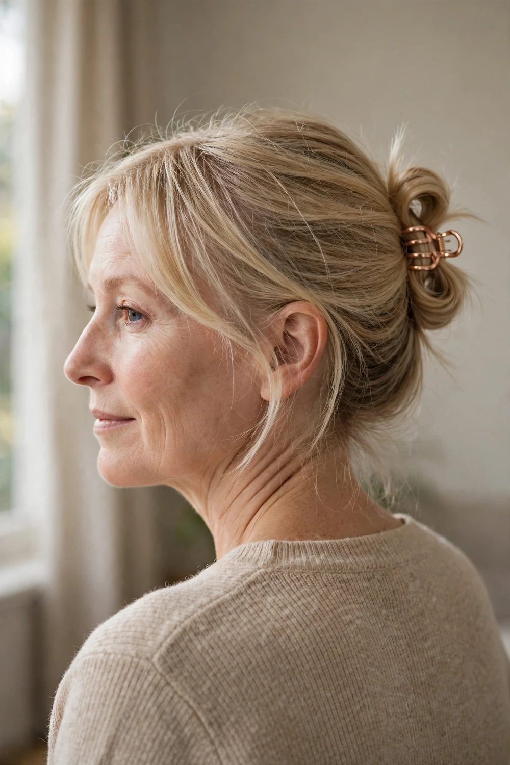 Woman with fine blonde shoulder-length hair looped into a small coil secured with a small rose gold claw clip
