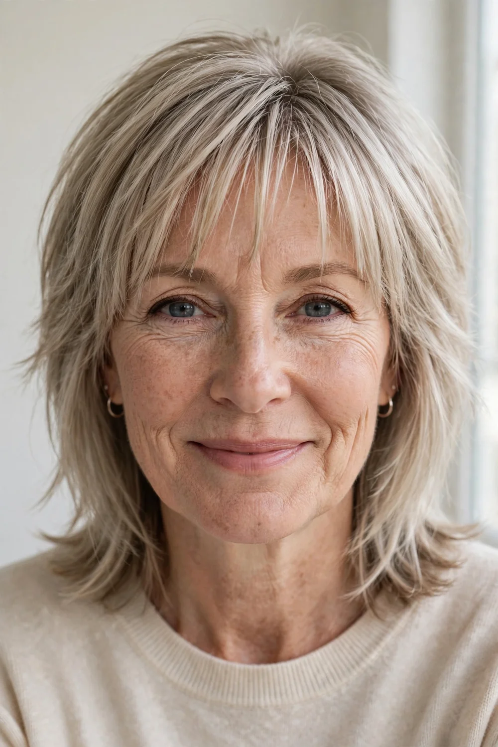 Fine hair shag haircut with piecey separated bangs
