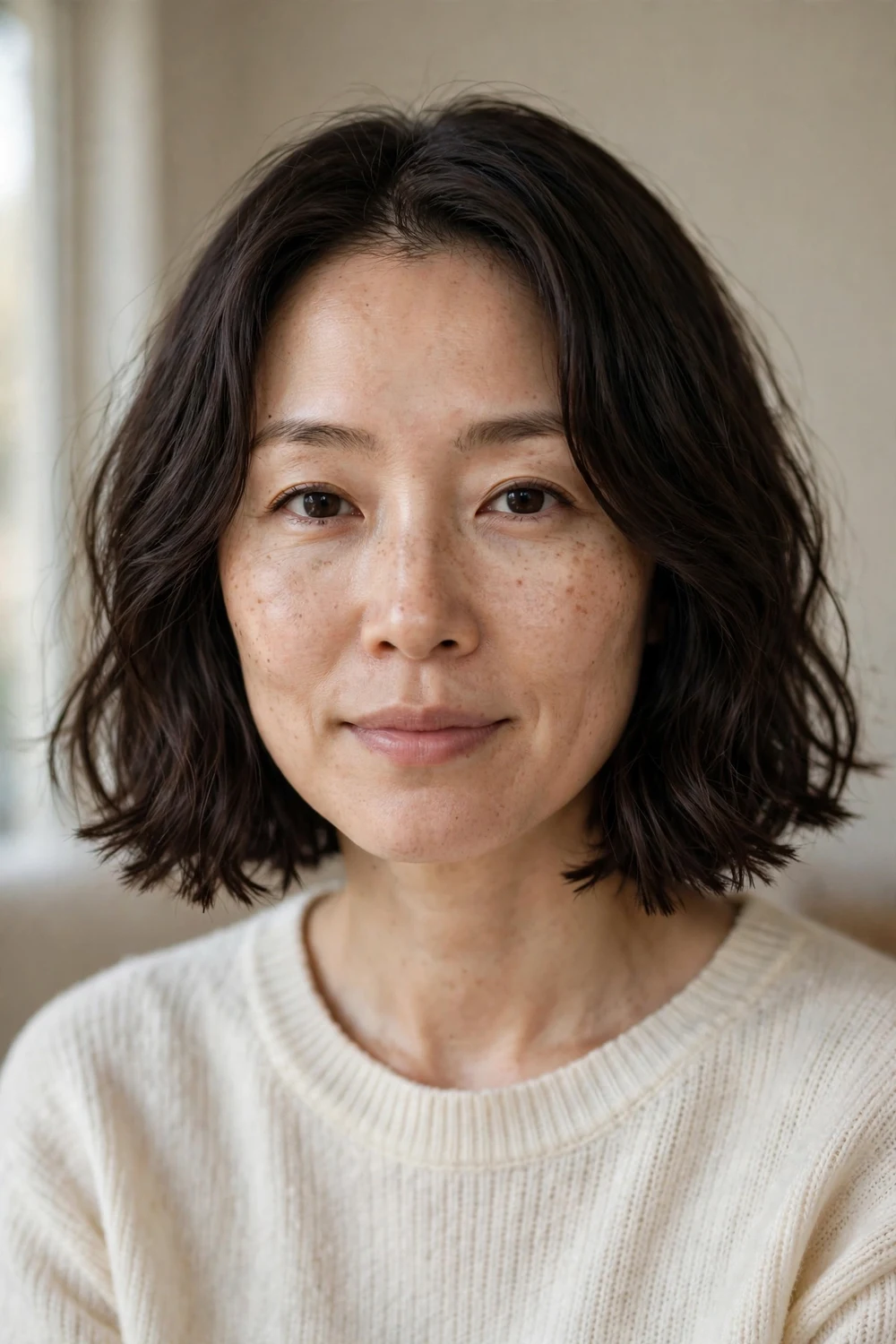 Woman with fine wavy hair in a blunt bob cut