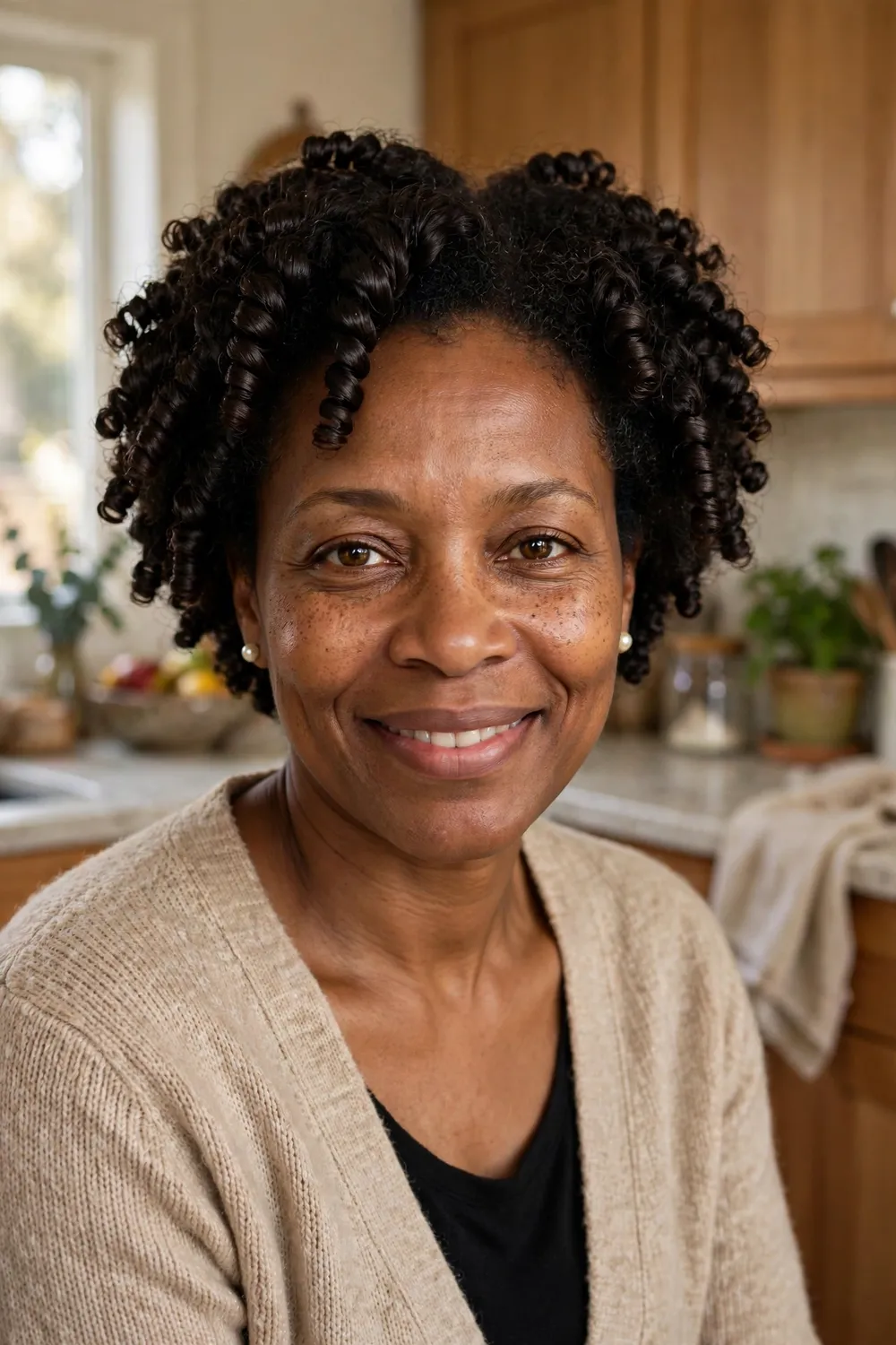 Black woman with a finger coil afro, smooth glossy coils