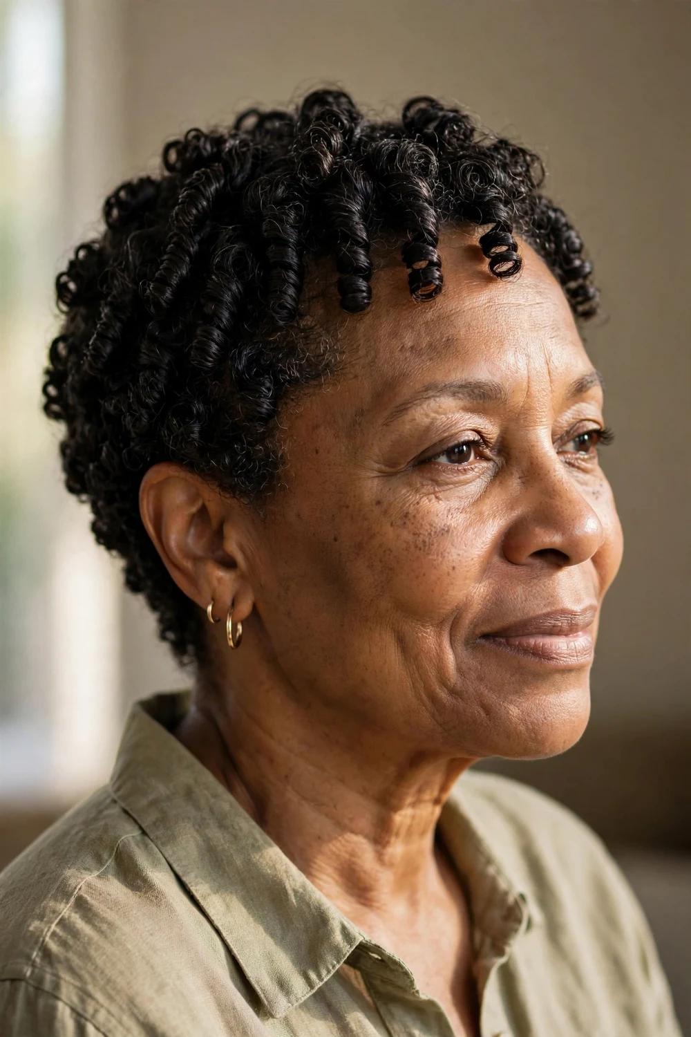 Older Black woman with glossy finger coils in TWA length