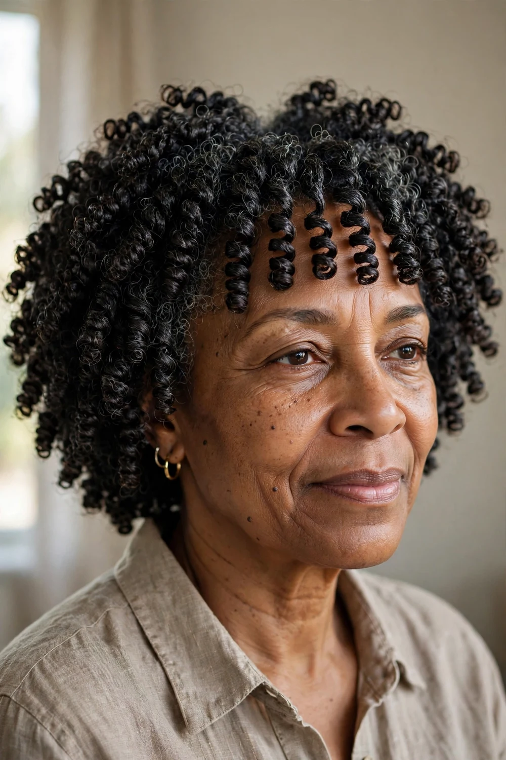 Older Black woman with finger coils and a bang section