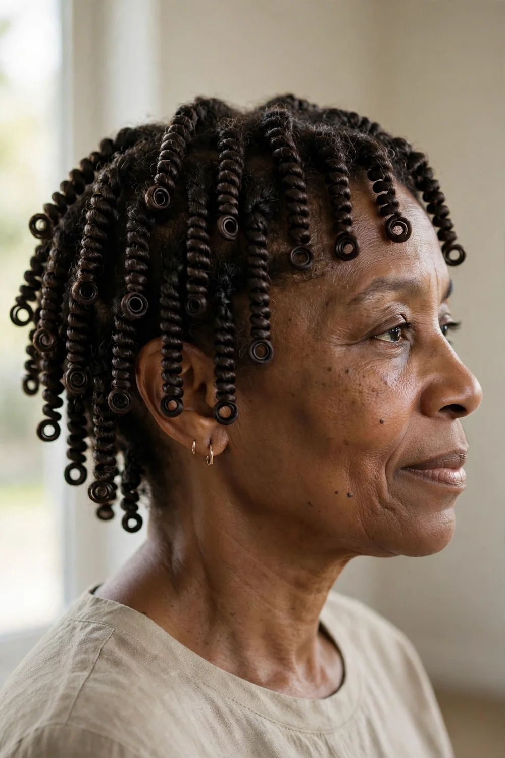 Older woman with neat finger coils