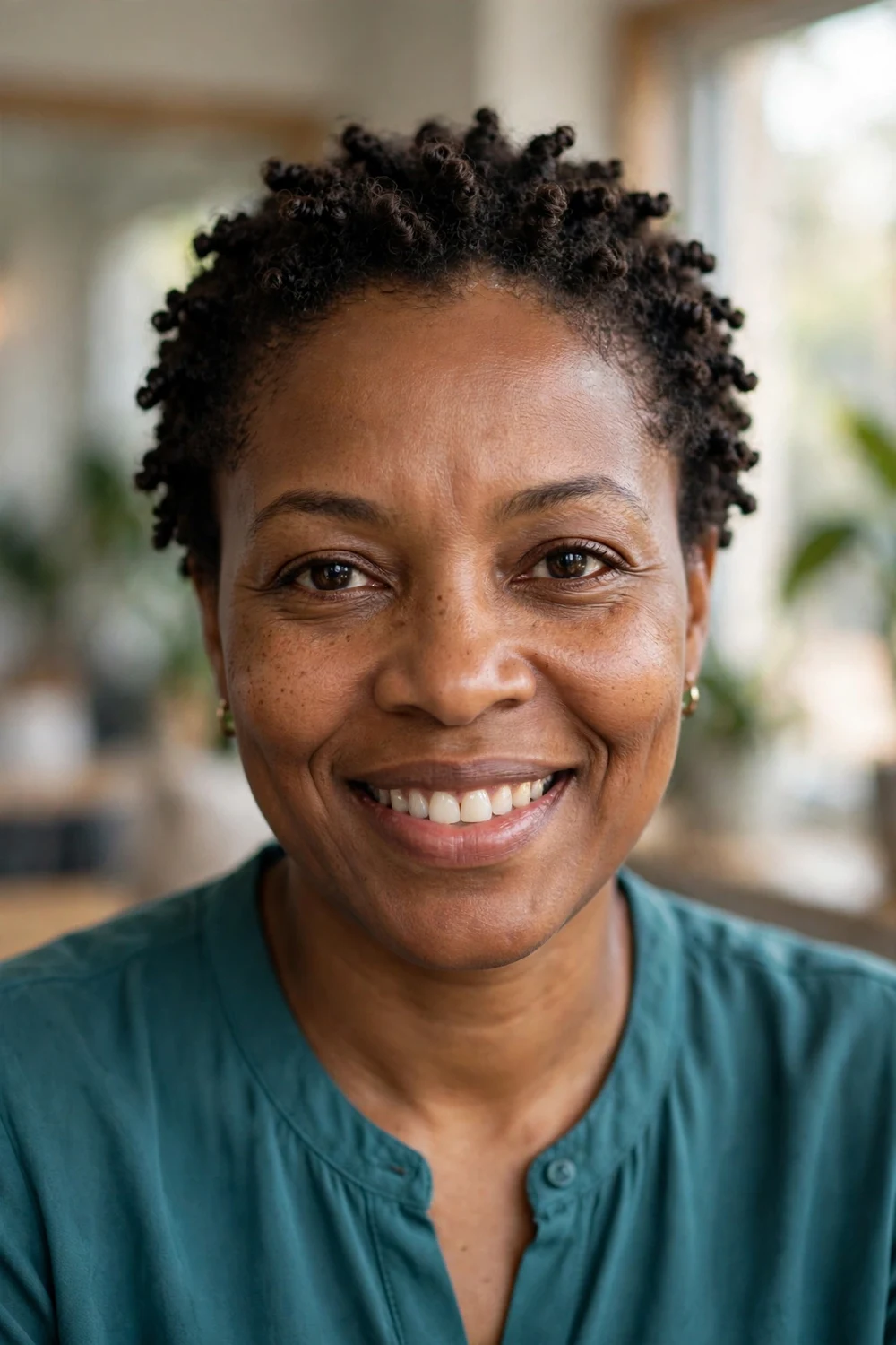 Woman with an oval face wearing short defined finger coils