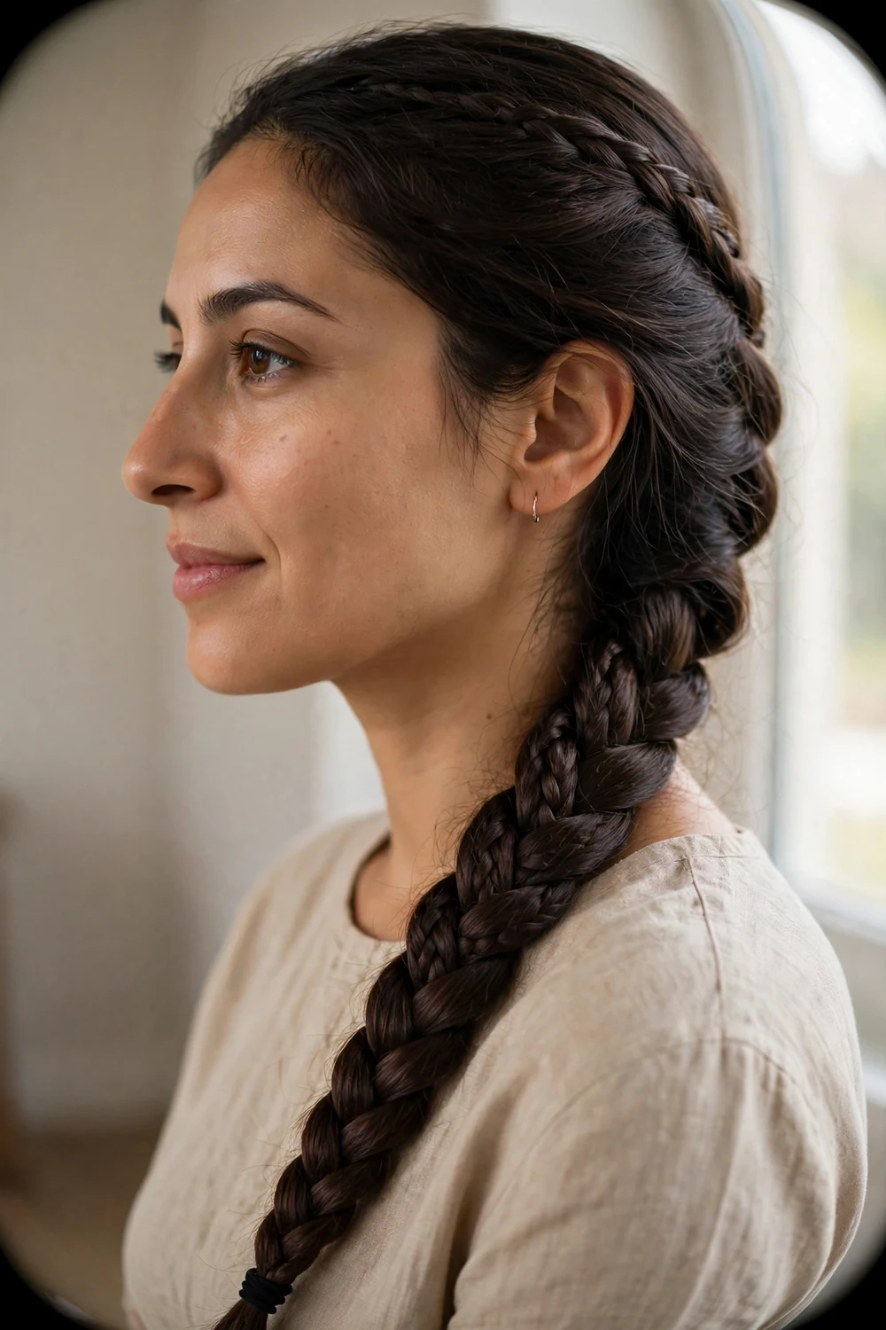 Woman with side fishtail braid for Christmas long hair