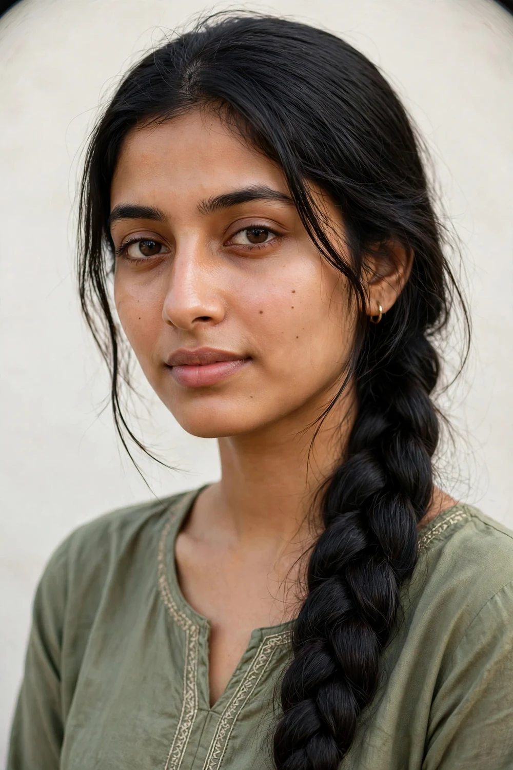 South Asian woman in her mid twenties with an oblong face and very long black hair in a fishtail braid over one shoulder