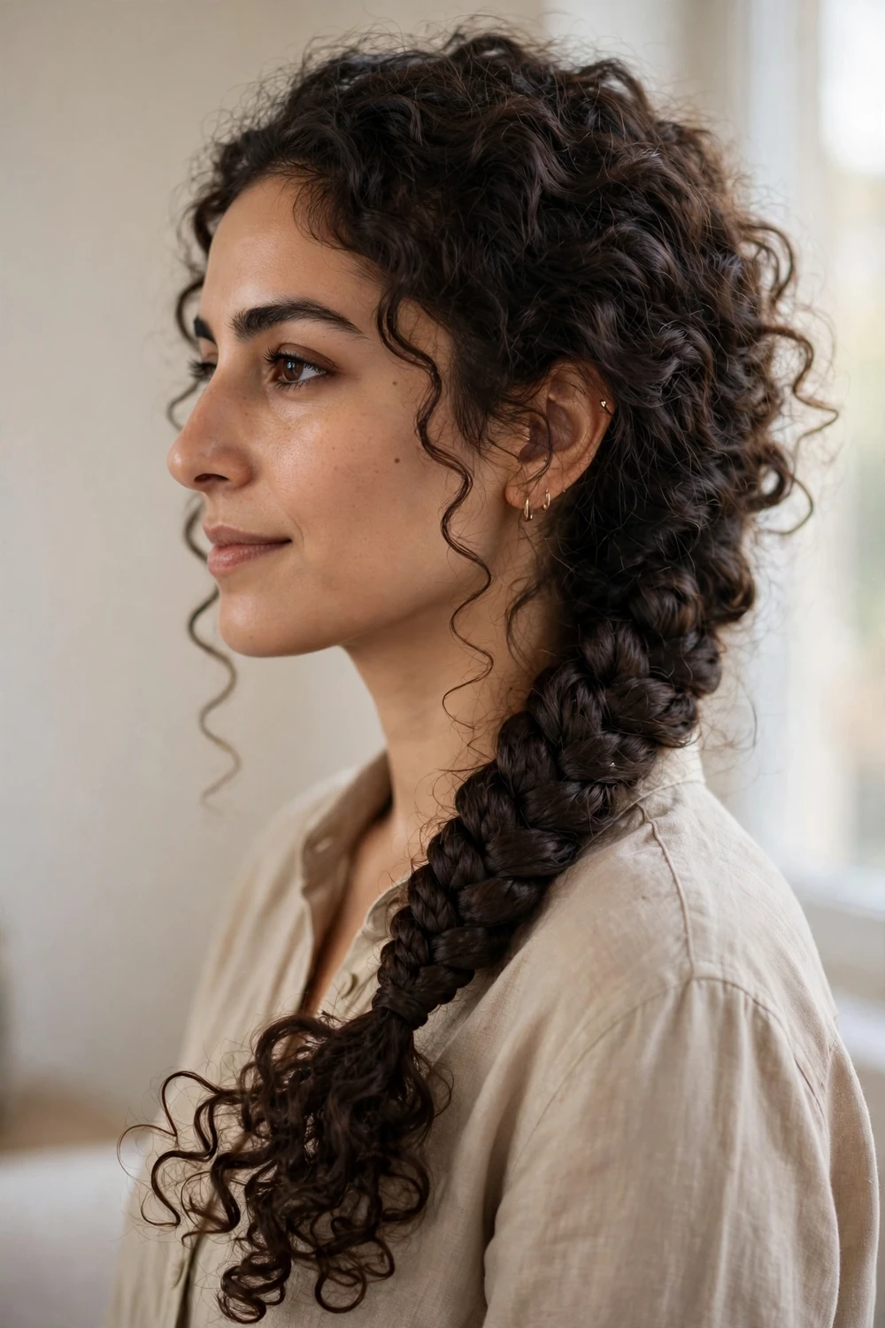 Woman with a fishtail braid in thick curly hair
