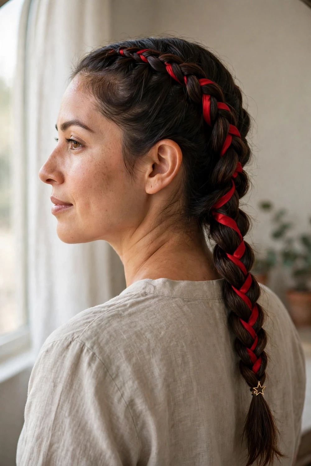 Side fishtail braid with a red ribbon woven through and a golden star clip at the end