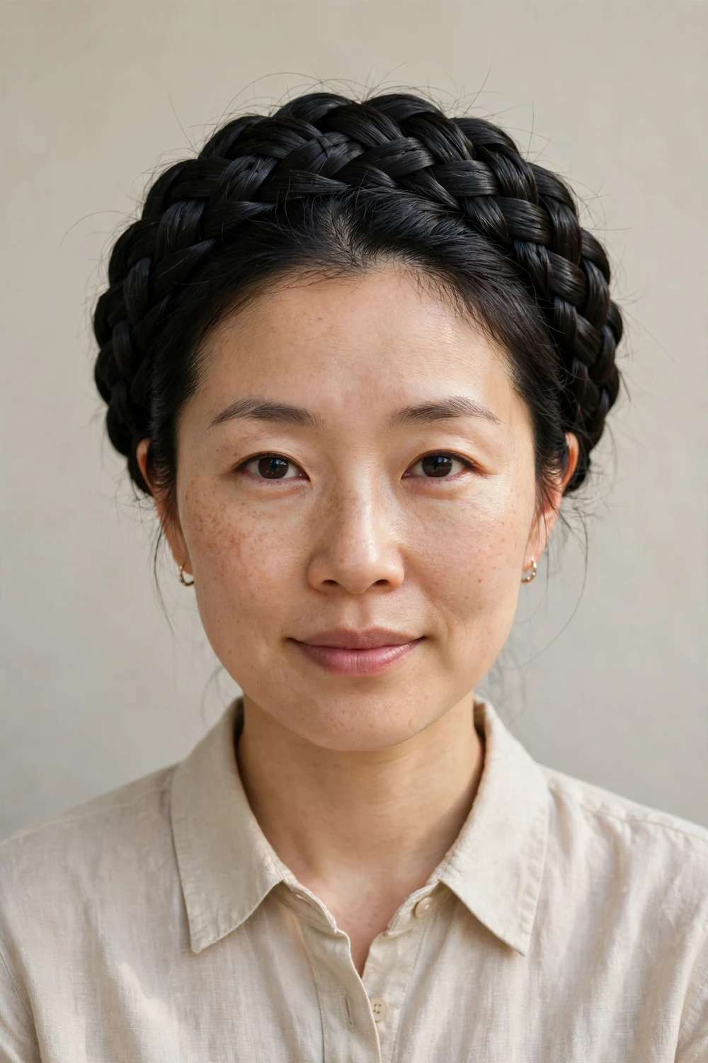 East Asian woman in her 30s with black hair in an intricate fishtail braid crown updo wrapped around her head