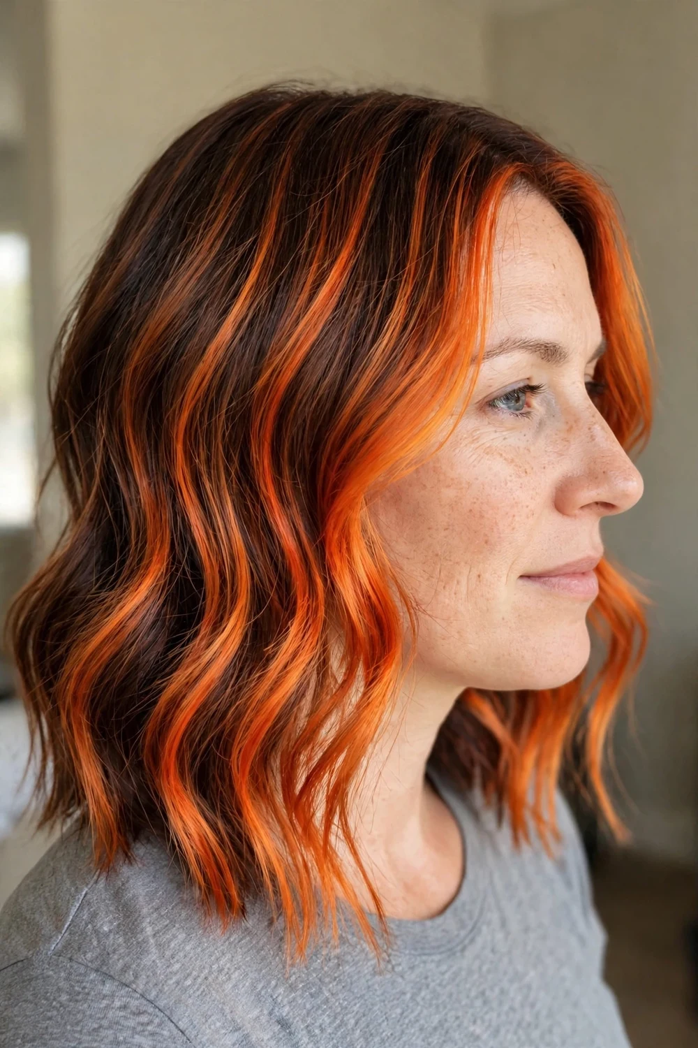 Flame-kissed cowboy copper balayage in bright orange-copper tones