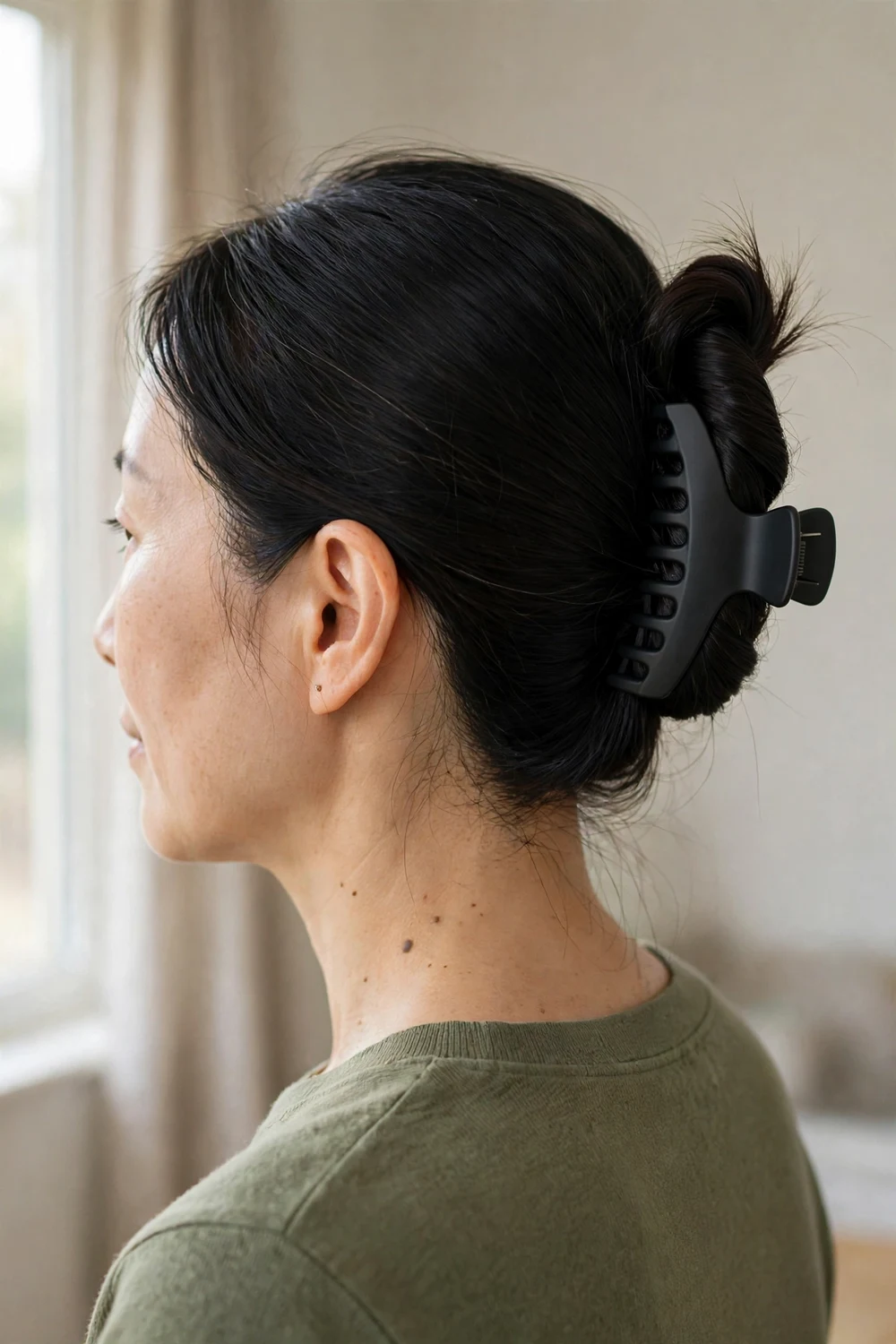Full twist updo with matte black flat claw clip on thin fine black hair