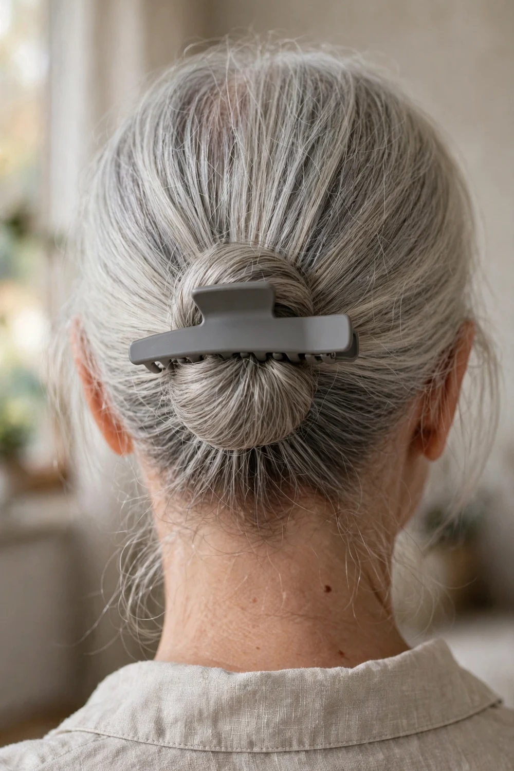 Low bun with gray flat claw clip on thin fine silver hair