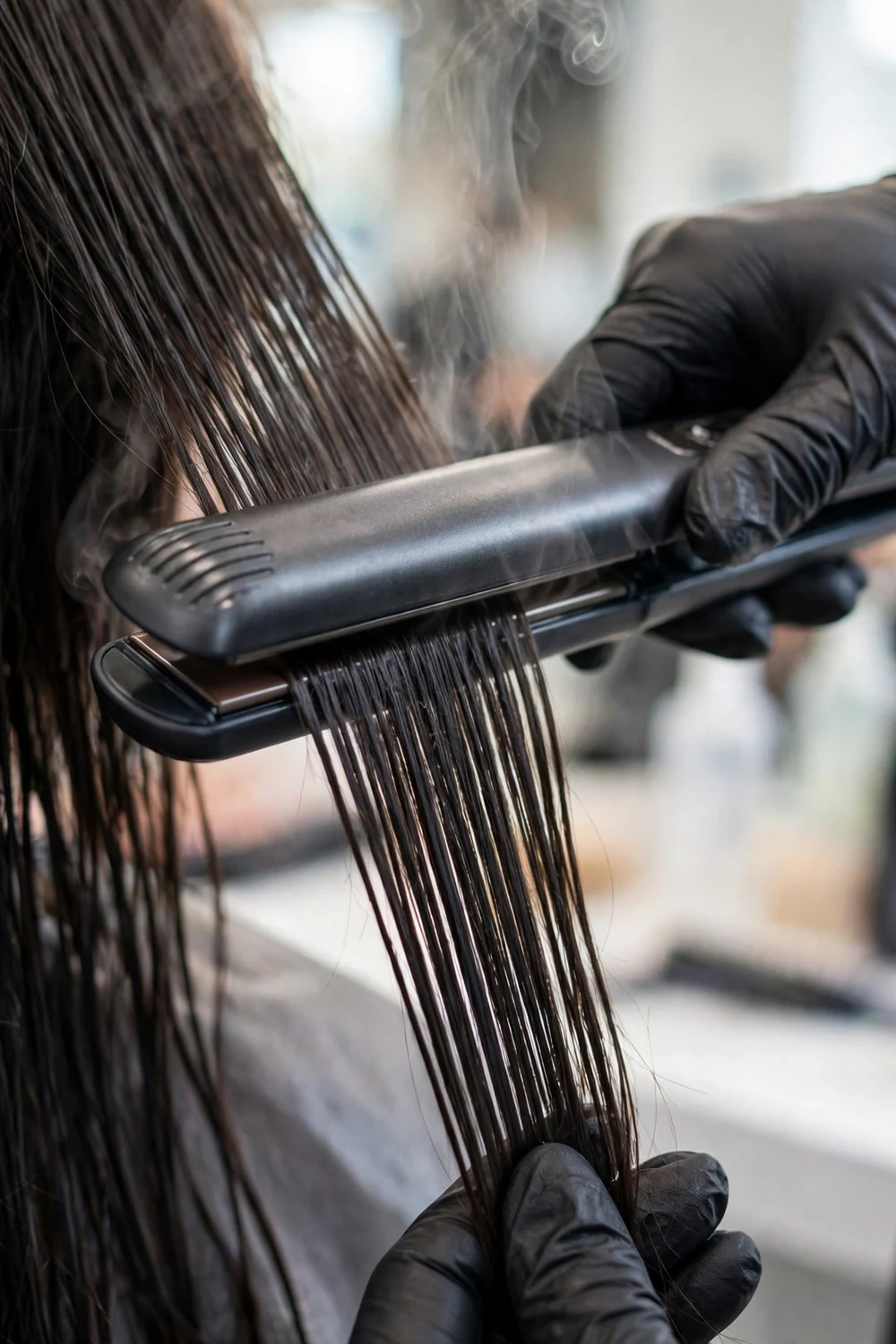 Flat iron sealing keratin treatment into hair sections with heat