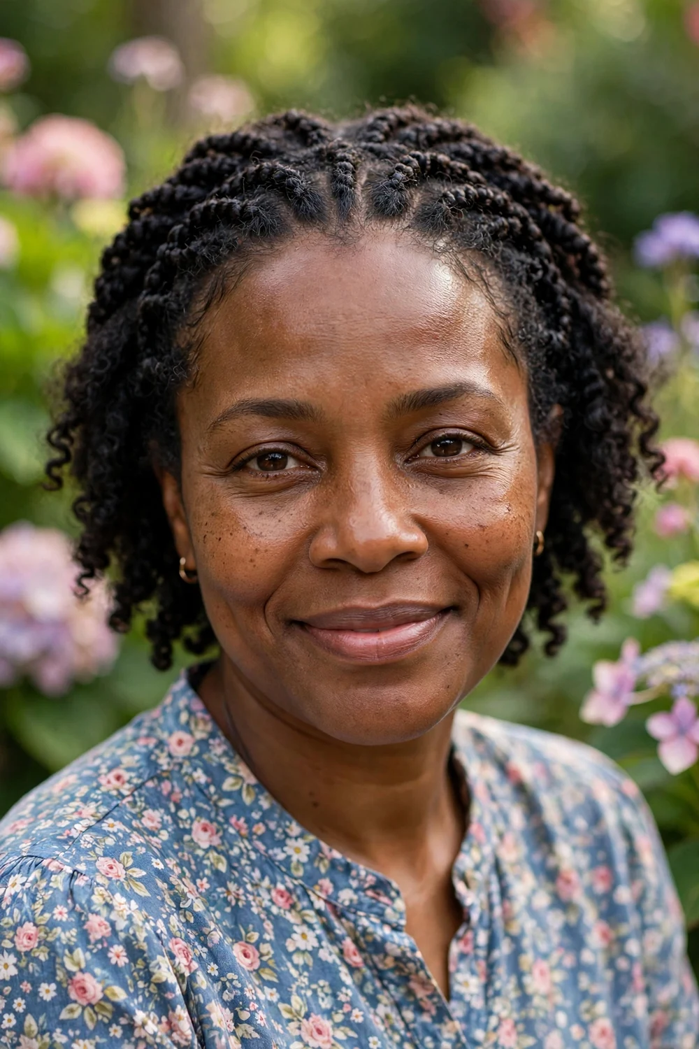 Black woman in her mid-40s with flat twists framing her crown in a halo pattern