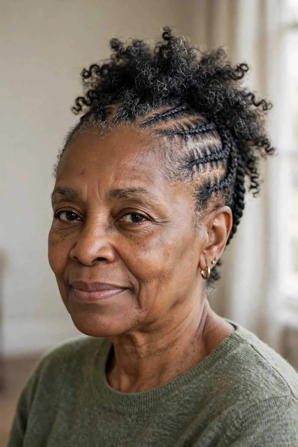 Older Black woman with a flat-twist updo and curly top
