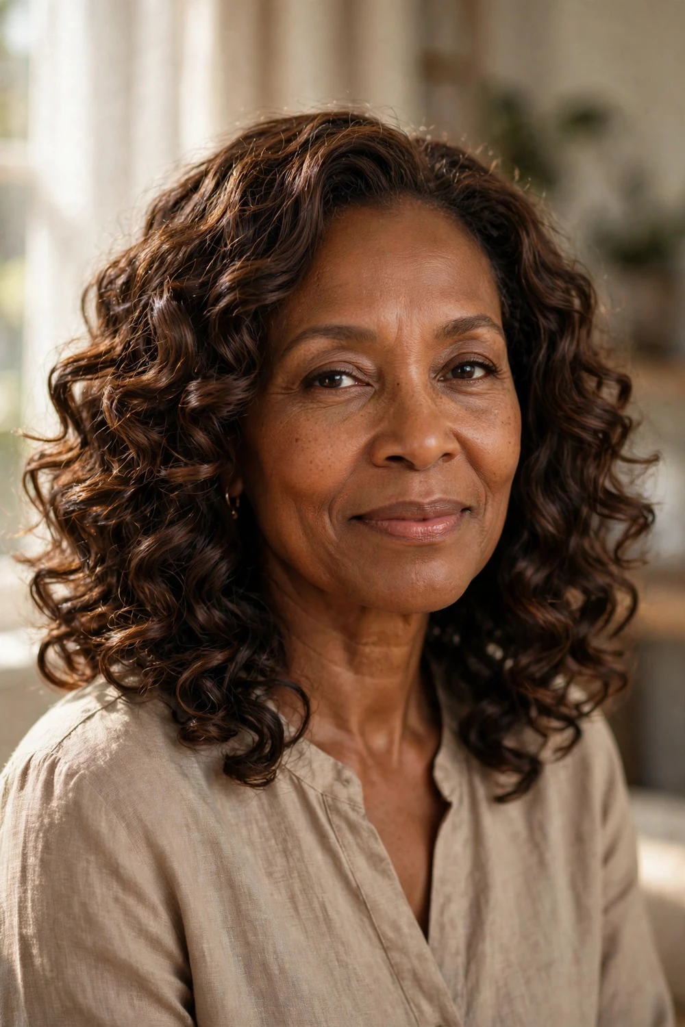 Black woman with soft flexi-rod curls at medium length, voluminous waves