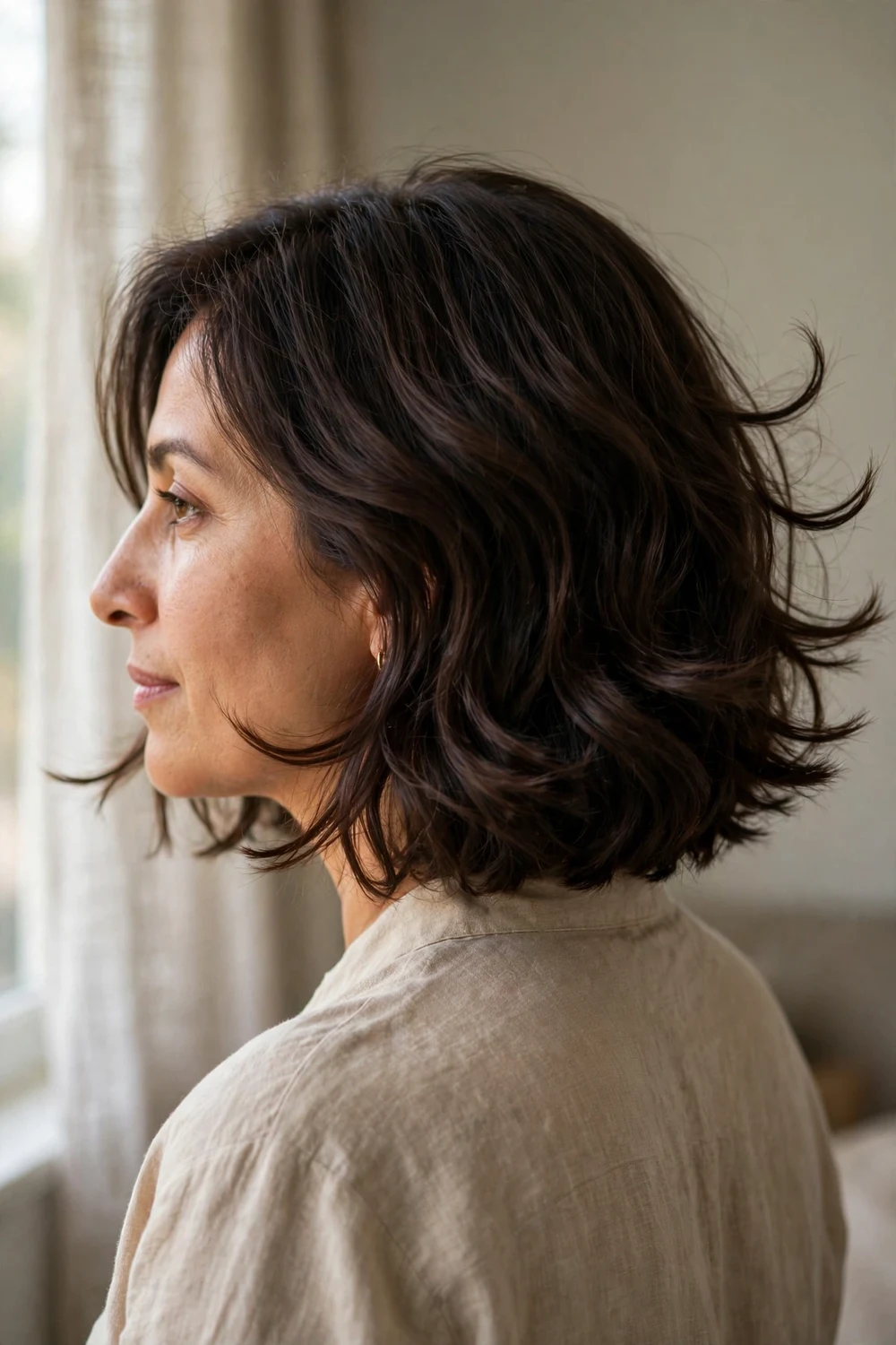 Flicked wavy bob with upward-turned ends on dark chocolate chin-length hair, back three-quarter view