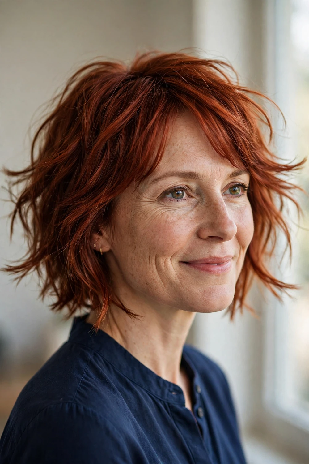 Flipped-out auburn choppy bob with bangs